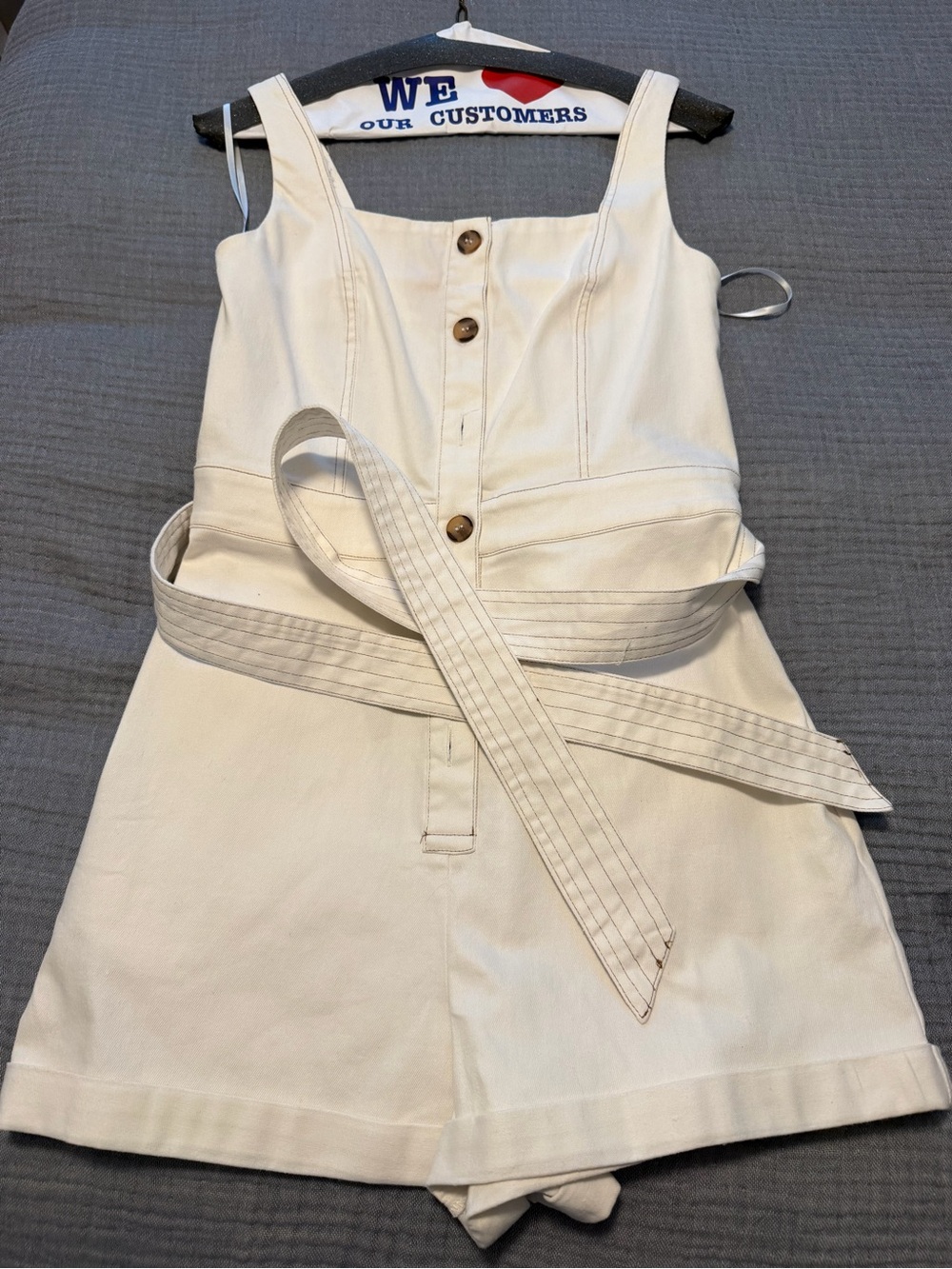 Petal & Pup Cream Button-Front Cotton Romper with Waist Tie